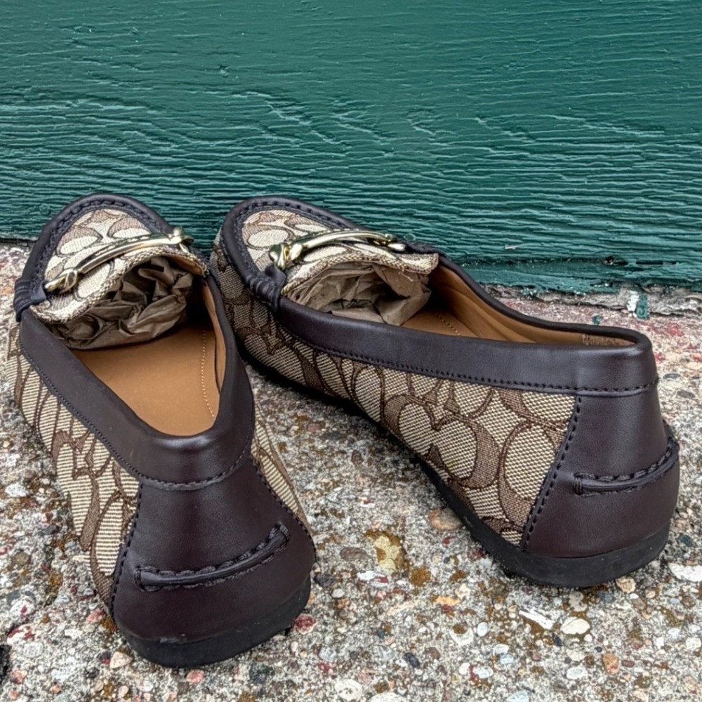 Coach Olive Signature Jacquard Leather Trim Loafers Brown Khaki Logo Gold Size 8 - Picture 5 of 6